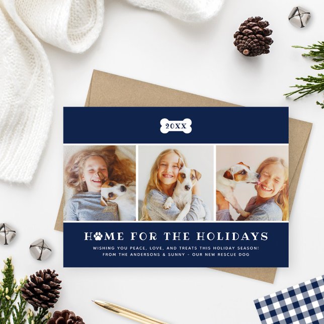 Home for the Holidays Navy Blue Plaid Dog Photo Holiday Card (Creator Uploaded)