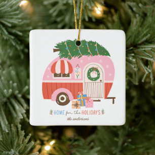 Home for the Holidays Pink Camper Christmas  Ceramic Ornament