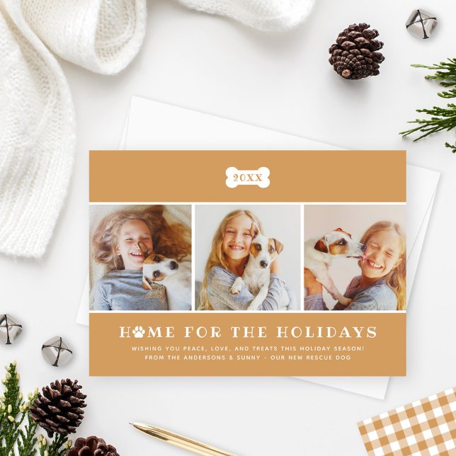 Home for the Holidays Tan Plaid Dog Photo Holiday Card (Creator Uploaded)
