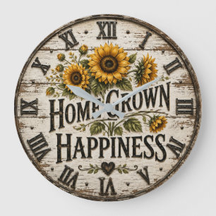 Home Grown Happiness Rustic Sunflower Farmhouse  Large Clock