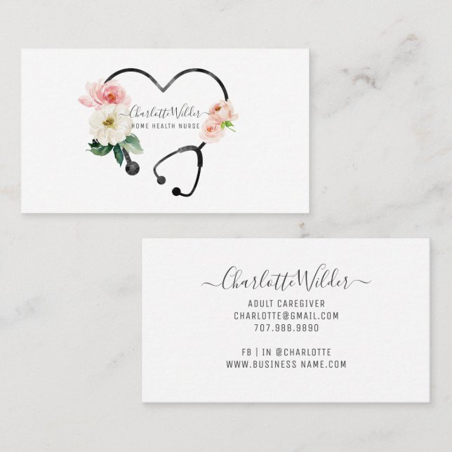 Home Health Nurse Caregiver Floral Stethoscope  Business Card (Front/Back)