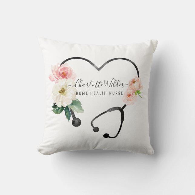 Home Health Nurse Caregiver Floral Stethoscope  Cushion (Front)