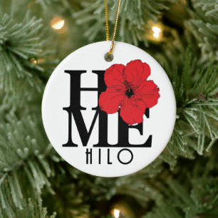 HOME Hilo Hawaii Red Hibiscus Ceramic Ornament