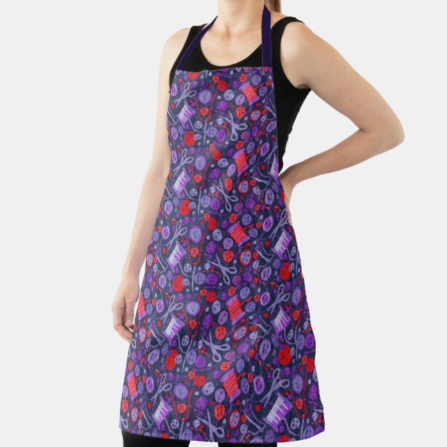 Home Hobby Sew Crafter Collage Pattern Blue Red Apron (Insitu)