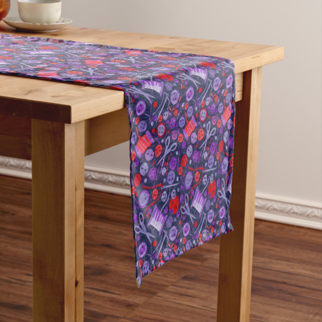 Home Hobby Sewing Craft Collage Pattern Blue Red Short Table Runner (In Situ)