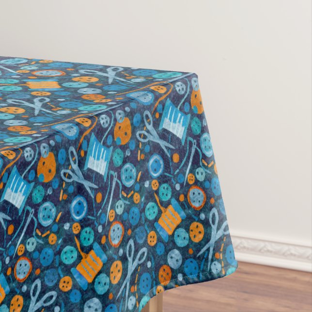 Home Hobby Sewing Craft Paper Collage Pattern Blue Tablecloth (In Situ)