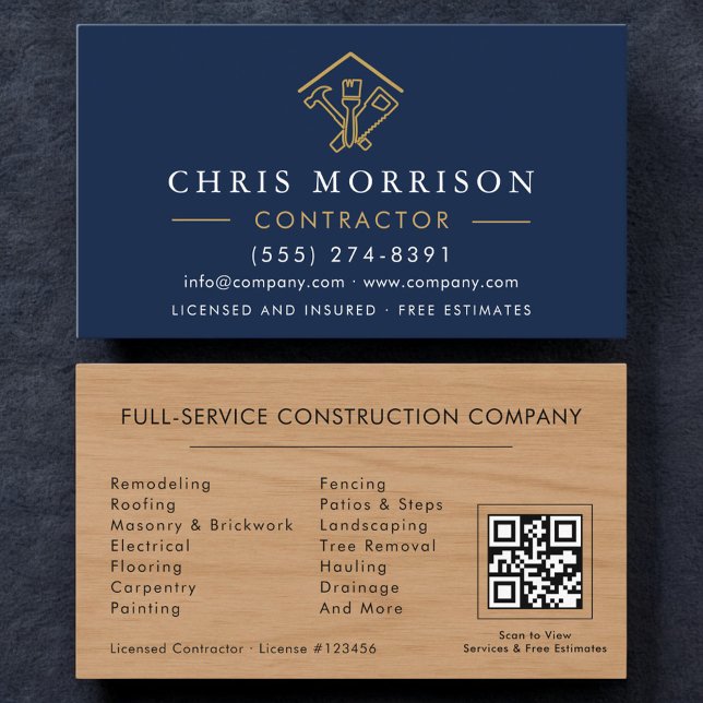 Home Improvement Navy Blue QR Code Wood  Business Card (Creator Uploaded)