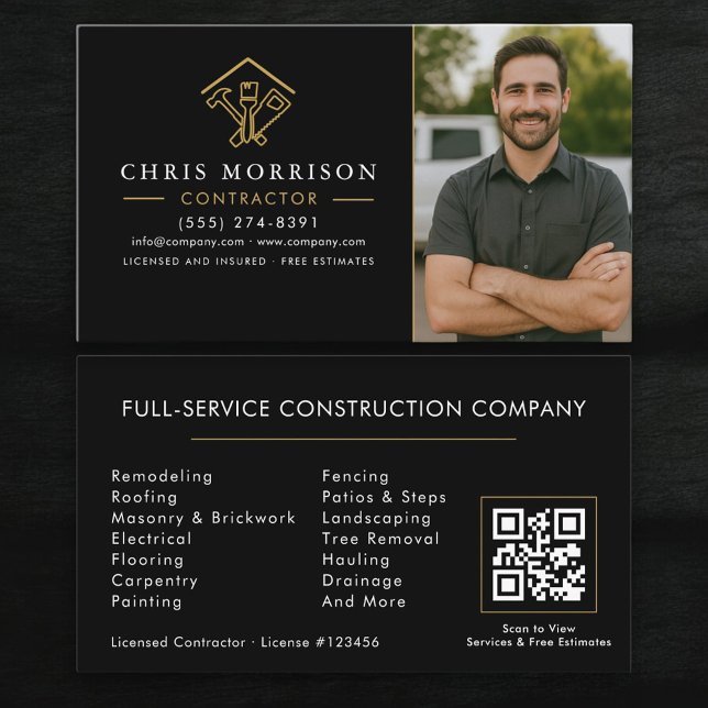 Home Improvement QR Code Photo Black Gold Business Card (Creator Uploaded)