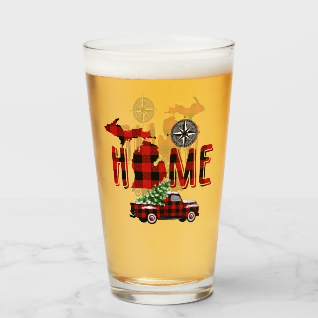 Home is Michigan | Buffalo Plaid Truck | Compass Glass (Front Filled)