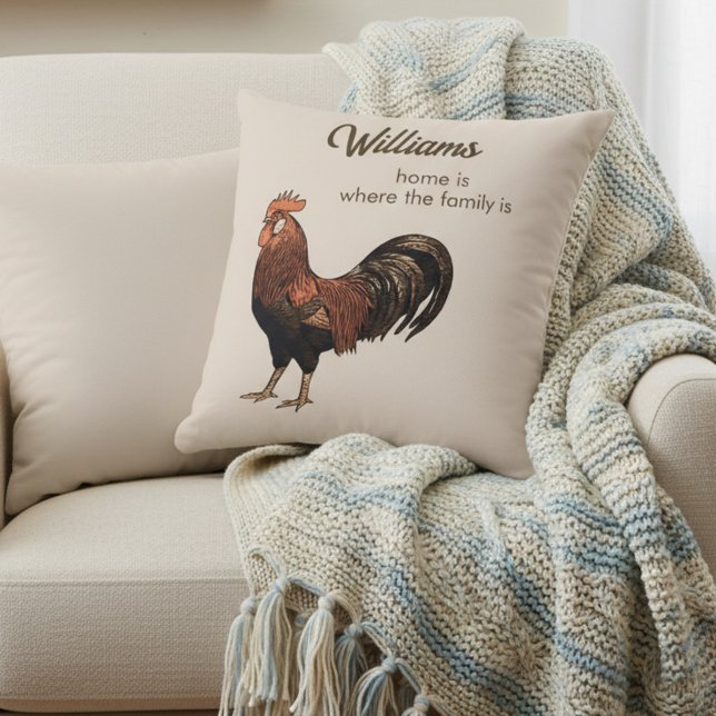 Home Is Where Family Is Rooster Decorative Pillow (Home is where the family is! Personalized decorative pillow decorated with a rooster illustration 🏠)