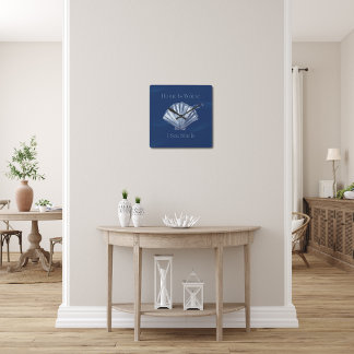 Home Is Where I Sea Shells, Coastal Themed Indigo  Square Wall Clock