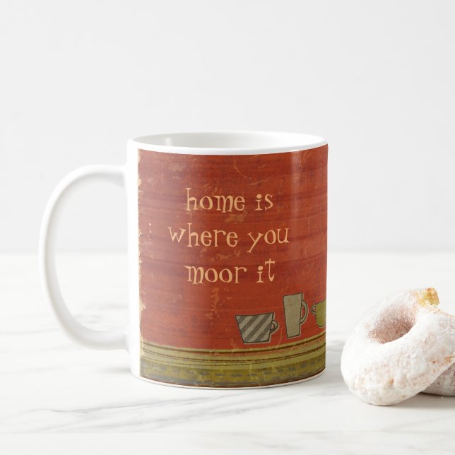 Home is Where Moored Rusty Red Stripes Mug (With Donut)
