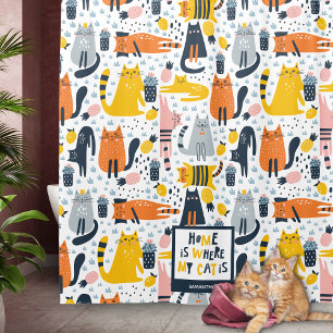 Home is Where My Cat is Monogrammed Name Bathroom Shower Curtain