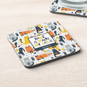 Home is Where My Cat is Monogrammed Name Kitchen Coaster
