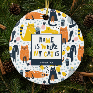 Home is Where My Cat is Monogrammed Year Christmas Ceramic Ornament