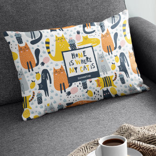 Home is Where My Cat is Pattern Monogrammed Name Decorative Cushion