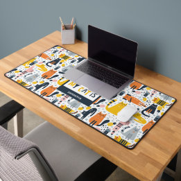 Home is Where My Cat is Pattern Monogrammed Name Desk Mat
