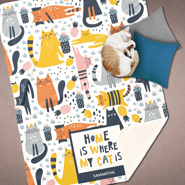 Home is Where My Cat is Pattern Monogrammed Name Sherpa Blanket (Creator Uploaded)
