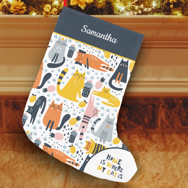 Home is Where My Cat is Pattern Monogrammed Name Small Christmas Stocking (Creator Uploaded)