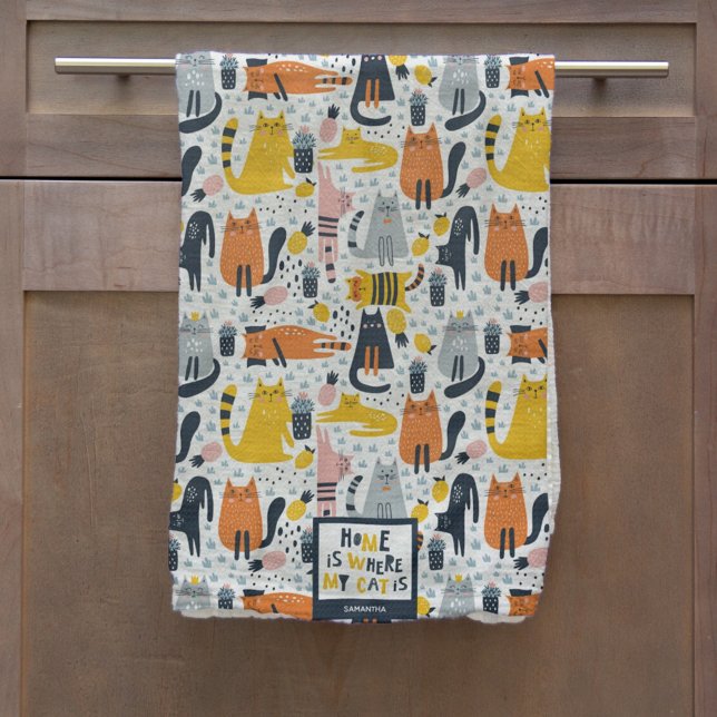 Home is Where My Cat is Pattern Monogrammed Name Tea Towel (Creator Uploaded)
