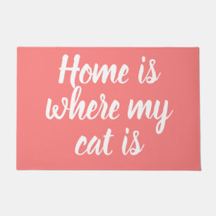 Home Is Where My Cat Is White Script Pink  Doormat