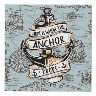 Home is Where the Anchor Drops Nautical Quote Home Faux Canvas Print