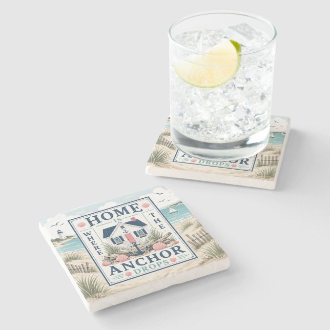 Home Is Where The Anchor Drops Stone Coaster (Side)