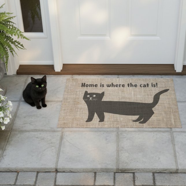 Home Is Where the Cat Is Black Cat Doormat (Home is where the cat is doormat.)