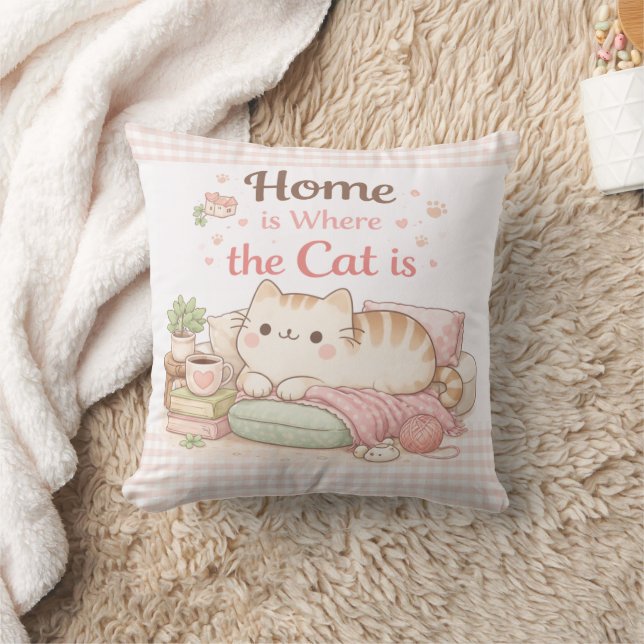 Home is Where The Cat Is Cute Kitty Pink Gingham Cushion (Blanket)