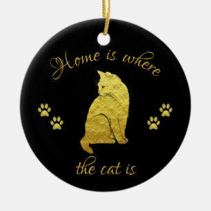 Home is Where the Cat is Gold and Black Ceramic Ornament