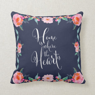 Home Is Where The Heart Is Pink Rose Floral Cushion