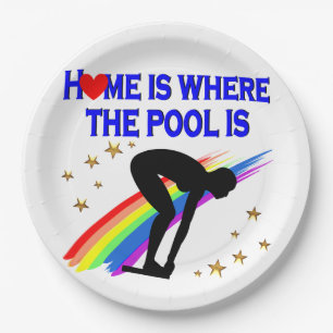 HOME IS WHERE THE POOL IS FOR THIS SWIMMER PAPER PLATE