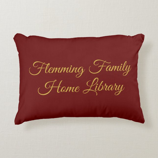 Home library cushion, red & gold, elegant script decorative cushion (Front)