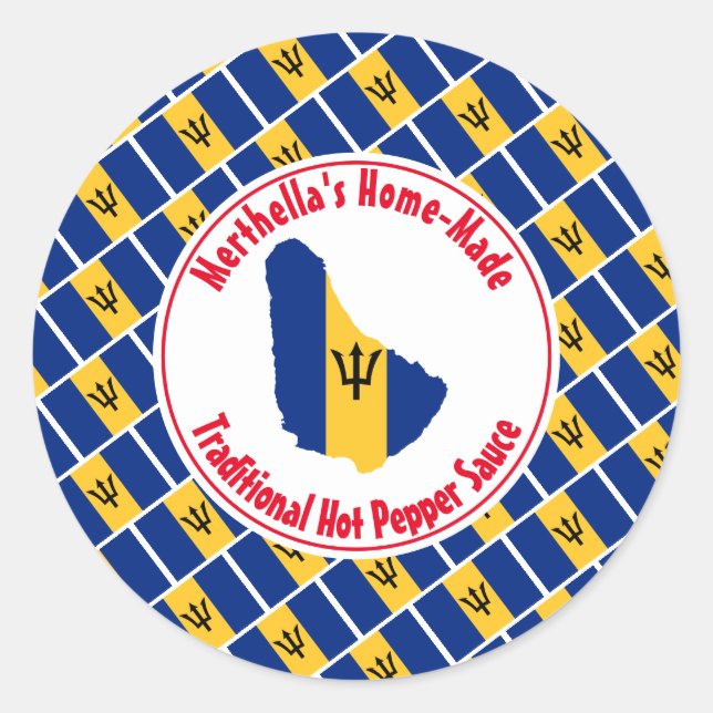 Home Made HOT PEPPER SAUCE Barbados Flag Classic Round Sticker (Front)
