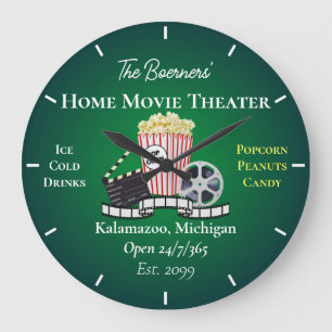 Home Movie Theater Popcorn Clapperboard Film Round Large Clock