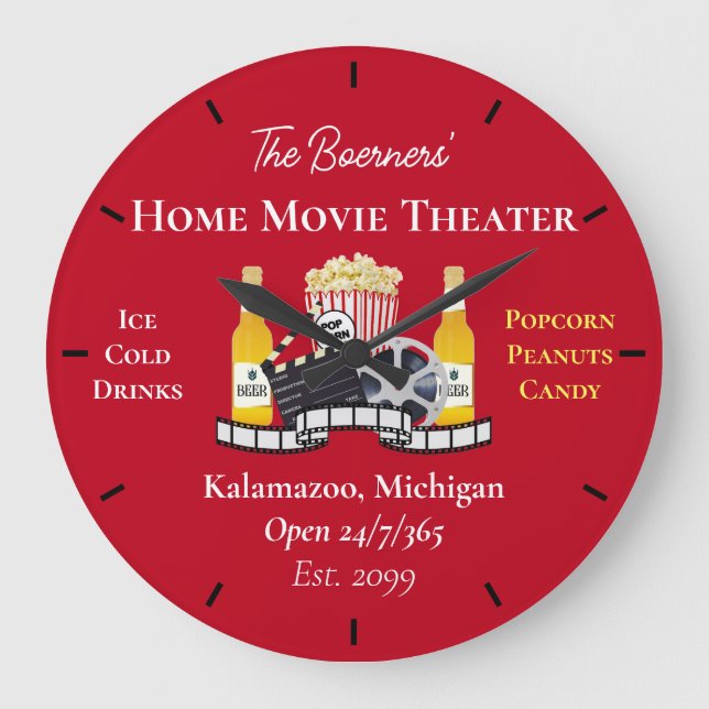 Home Movie Theatre Popcorn Clapperboard Film Large Clock (Front)