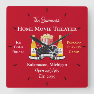 Home Movie Theatre Popcorn Clapperboard Film Square Wall Clock