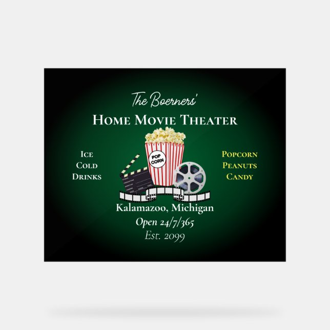 Home Movie Theatre Popcorn Film Green Acrylic Sign (Front)