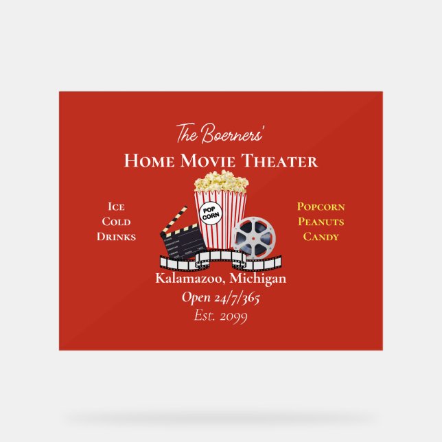 Home Movie Theatre Popcorn Film Reel Acrylic Sign (Front)