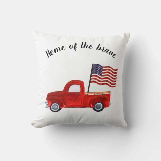 Home of Brave American Flag Red Truck Patriotic Cushion (Front)