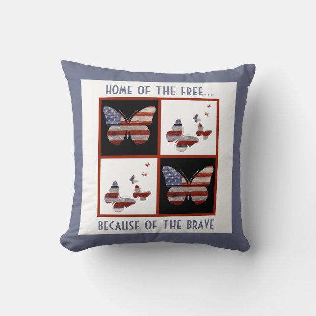 Home of the Free: American Flag Butterflies (rw&b) Cushion (Front)