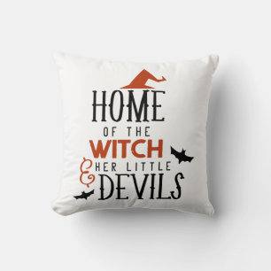 home of the witch and her little devils Halloween Cushion
