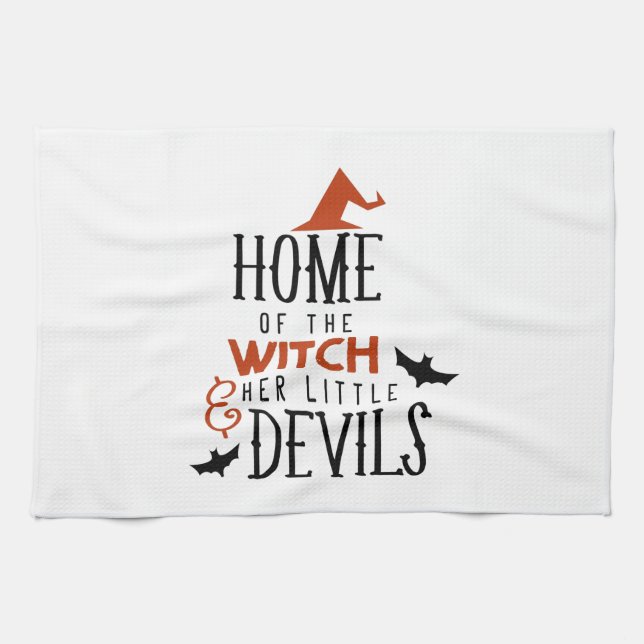 home of the witch and her little devils Halloween Tea Towel (Horizontal)