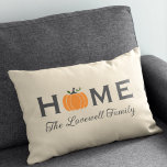 Home Orange Pumpkin Personalised Last Name Fall Lumbar Cushion<br><div class="desc">Welcome guests to your home this fall with an inviting personalised lumbar rectangle throw pillow. The simple and stylish typography design features "Home" wording with elegant custom script text for your family name and an orange harvest pumpkin accent. Includes a neutral beige,  charcoal grey,  white,  and green colour scheme.</div>