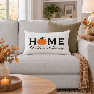 Home Orange Pumpkin Personalised Last Name Fall Lumbar Cushion