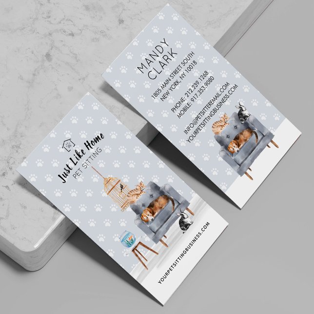 Home Pet Sitting | Dog & Cat Sleeping on Grey Sofa Business Card (Home Pet Sitting | Dog & Cat Sleeping on Grey Sofa Business Card)