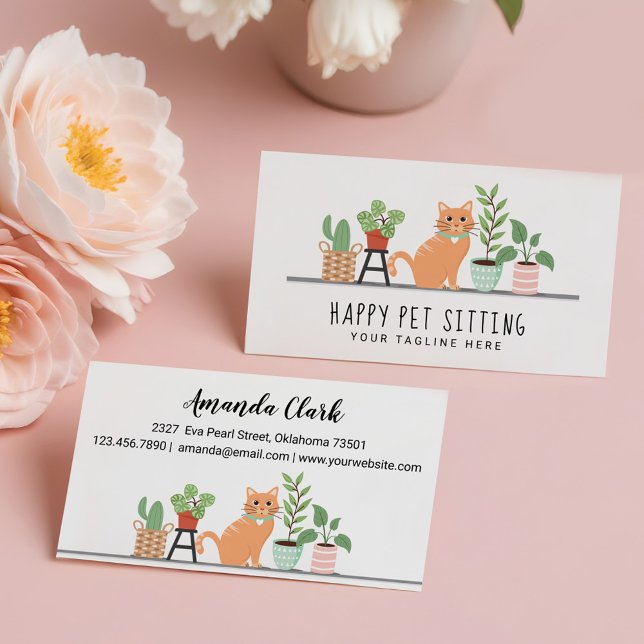 Home Pet Sitting Loveable Happy Cat & House Plants Business Card (Home Pet Sitting Loveable Happy Cat & House Plants Business Card)