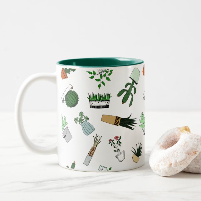 Home Potted Plants Doodle Art Two-Tone Coffee Mug (With Donut)