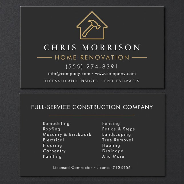 Home Renovation Contractor Builder Black Gold Business Card (Creator Uploaded)