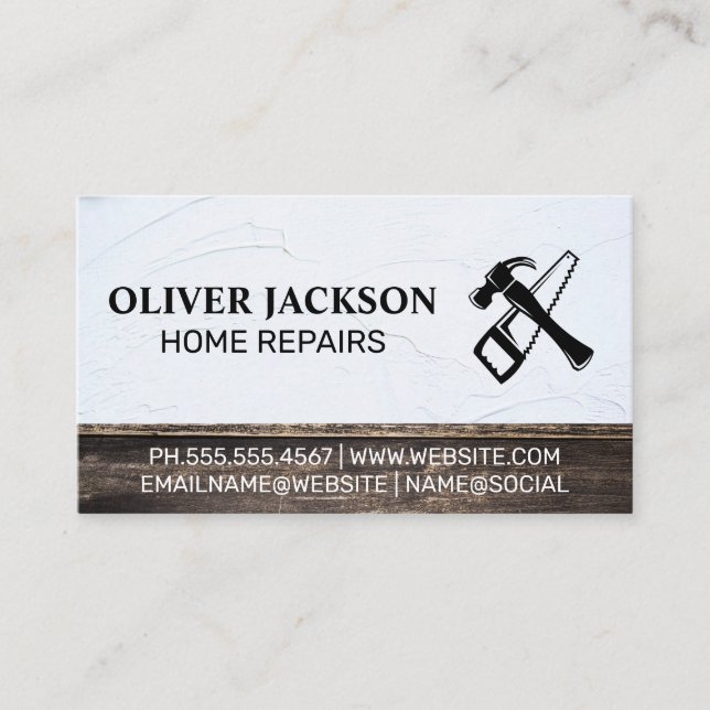 Home Repair | Hammer and Saw | Wood Spackled Business Card (Front)